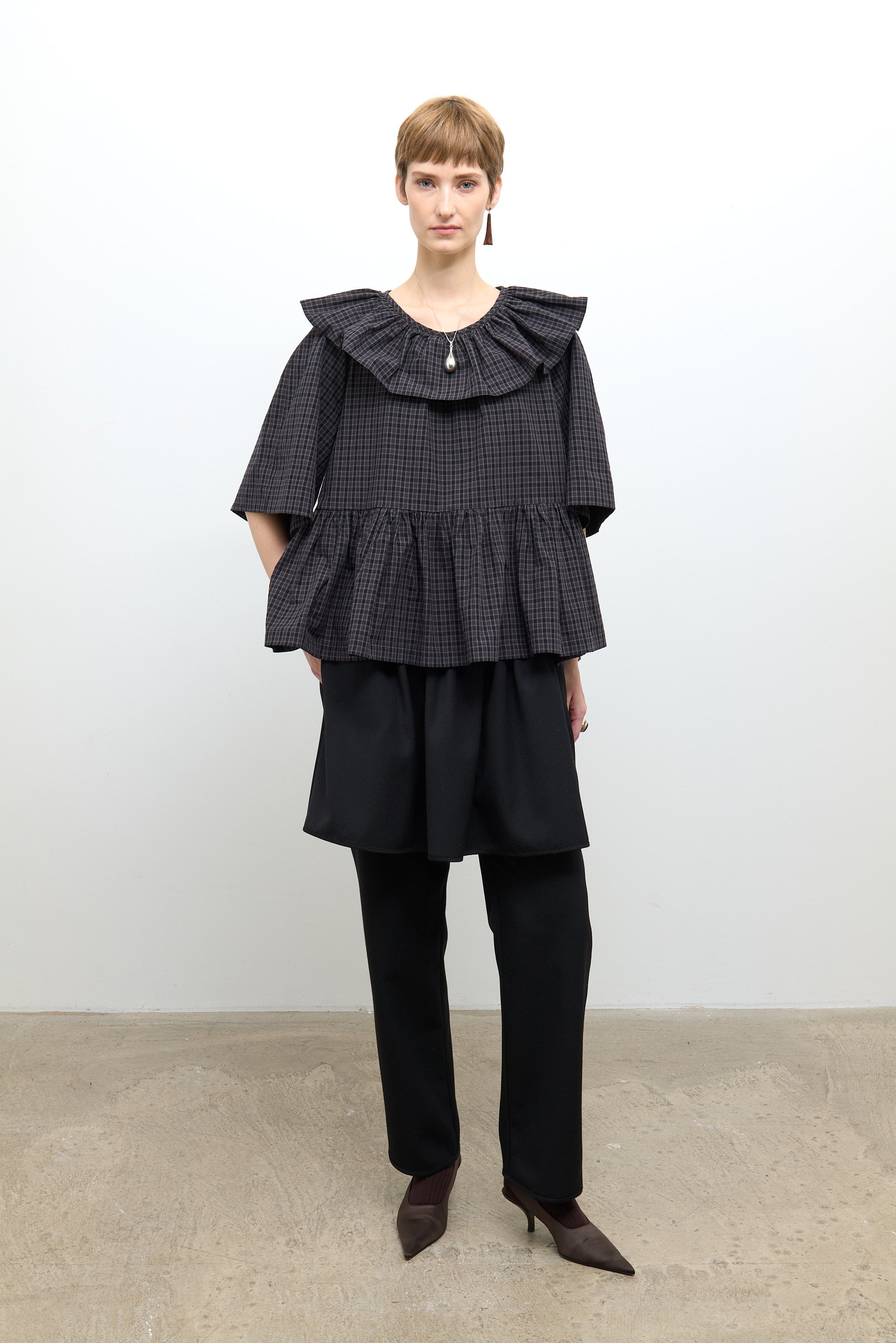Japanese Cotton Check Washer Delilah Frill Top Ink/Smoke Check