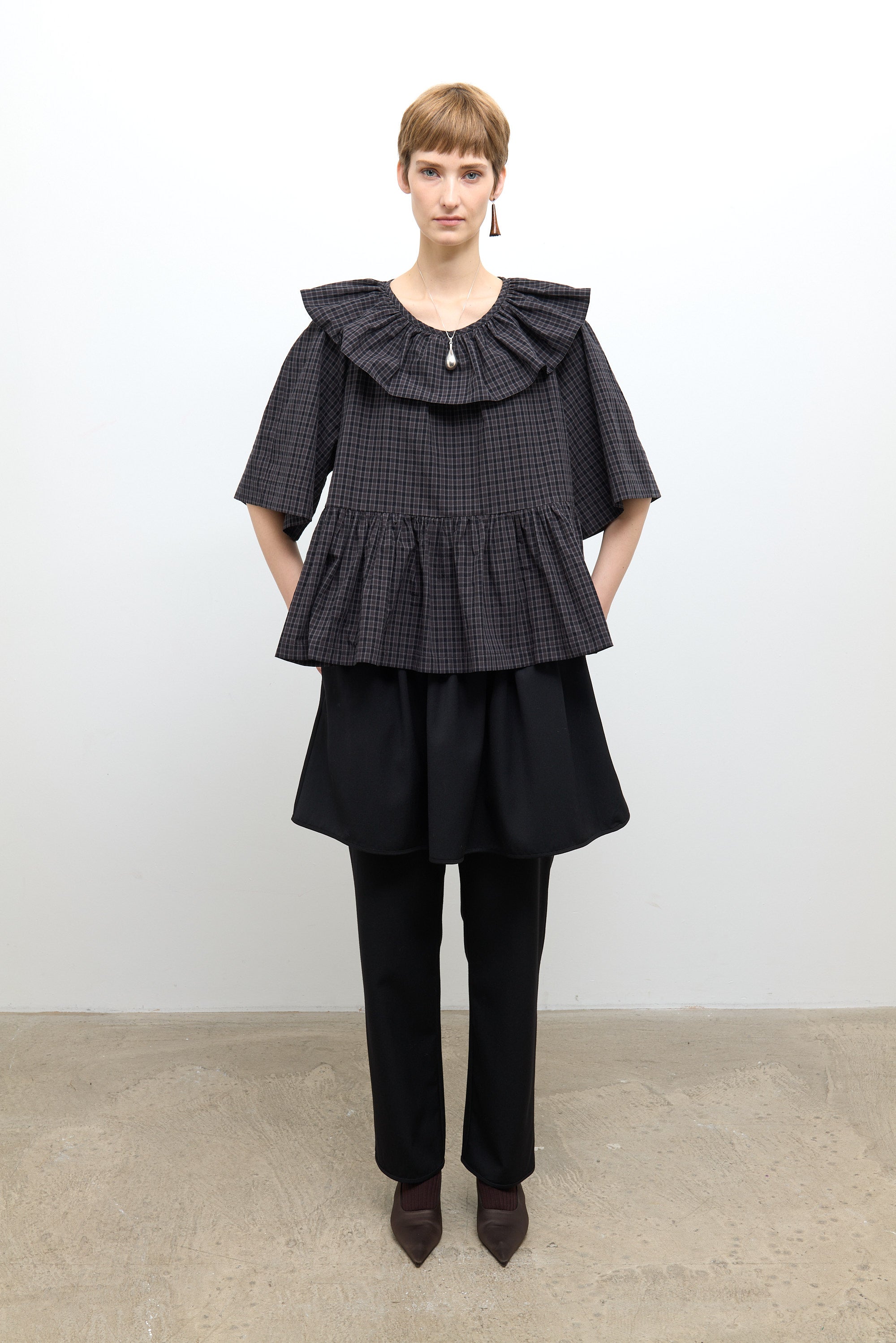 Japanese Cotton Check Washer Delilah Frill Top Ink/Smoke Check