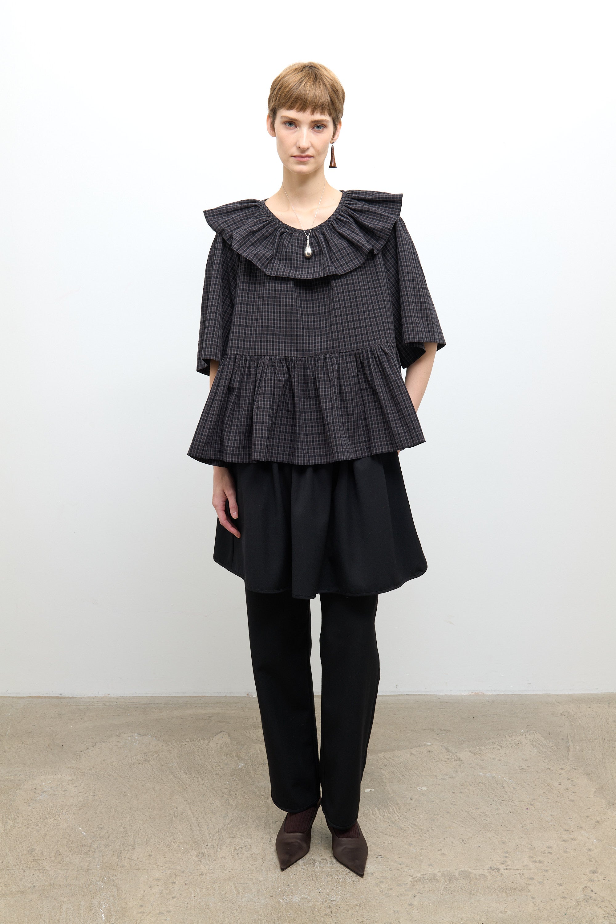Japanese Cotton Check Washer Delilah Frill Top Ink/Smoke Check