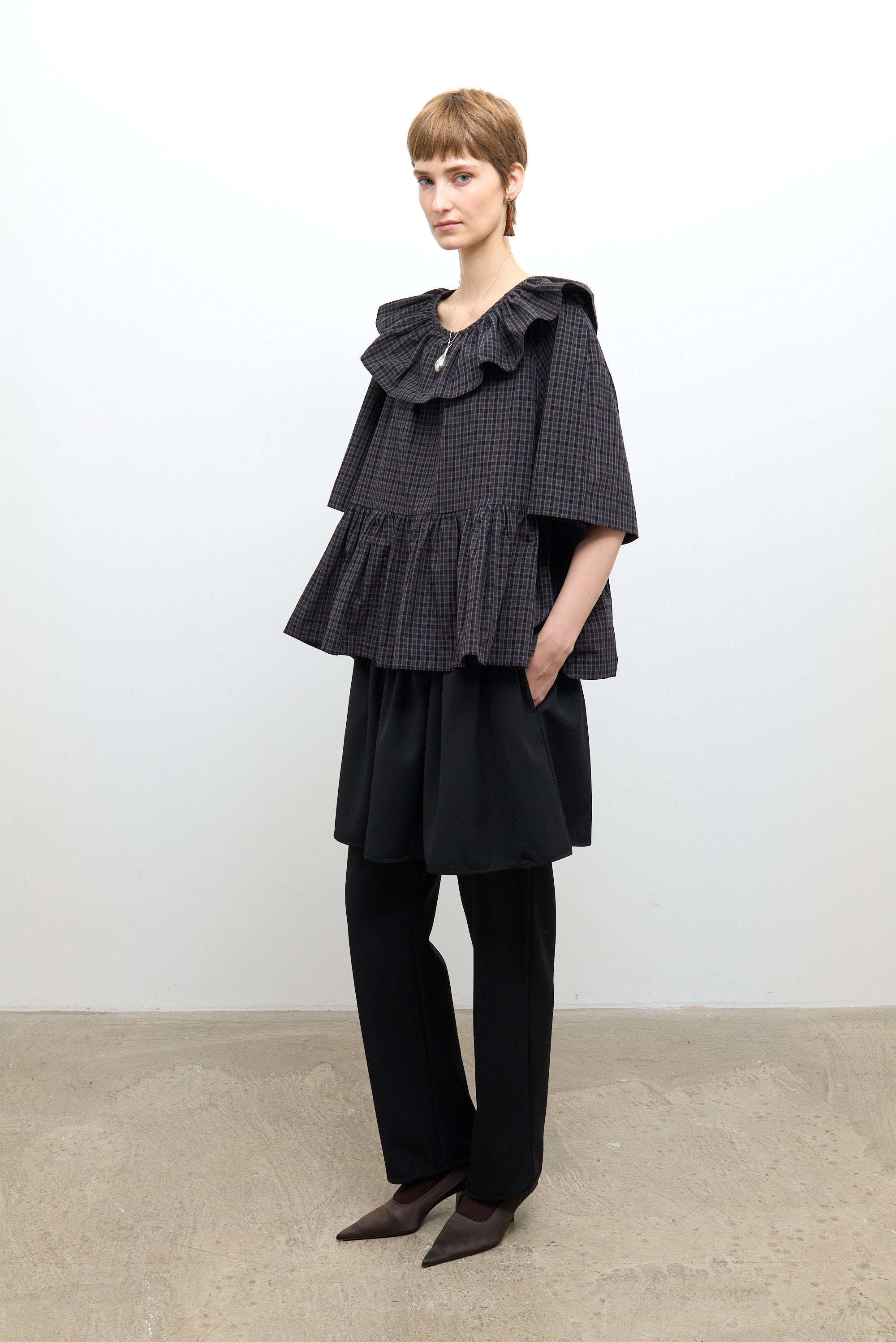 Japanese Cotton Check Washer Delilah Frill Top Ink/Smoke Check