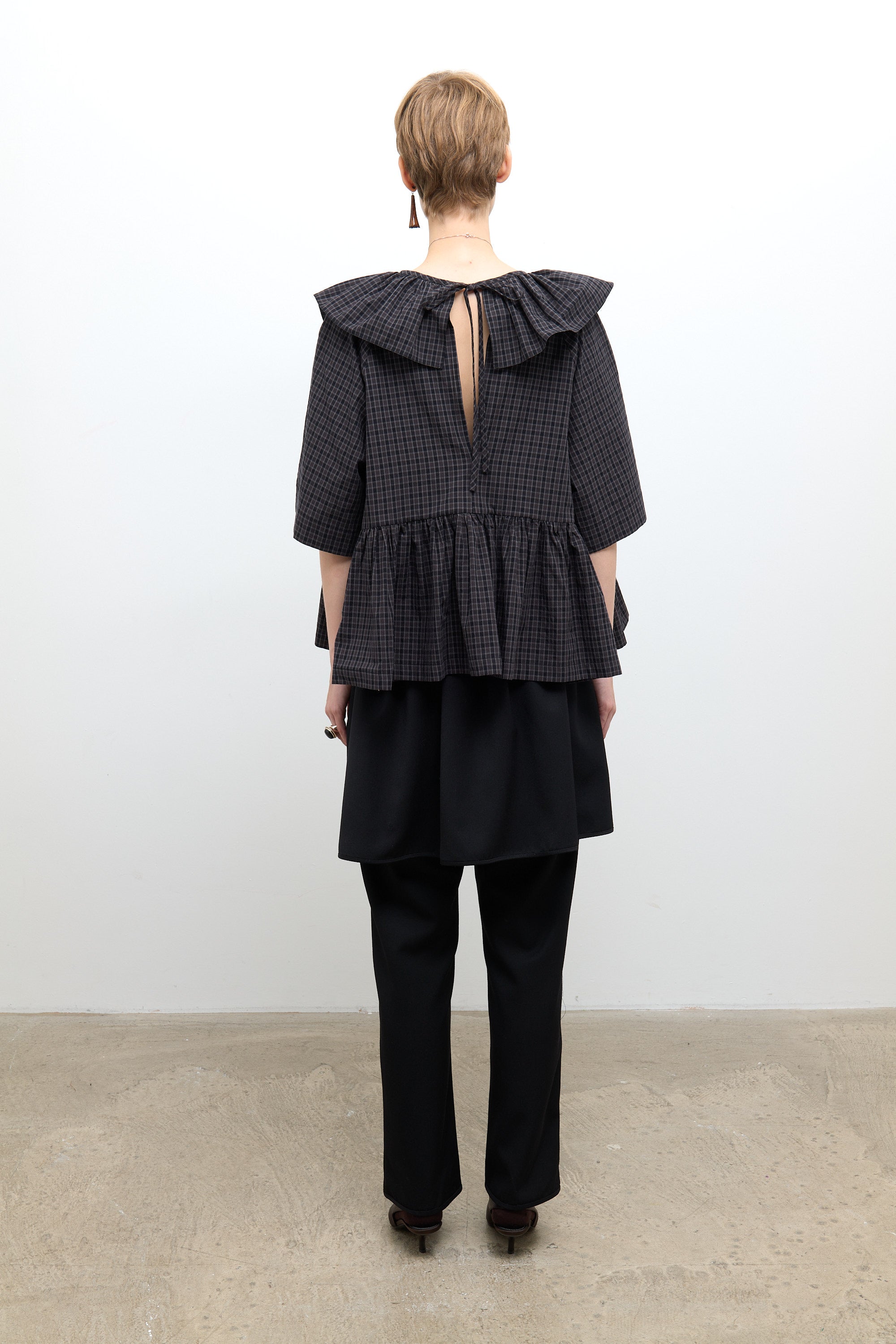 Japanese Cotton Check Washer Delilah Frill Top Ink/Smoke Check