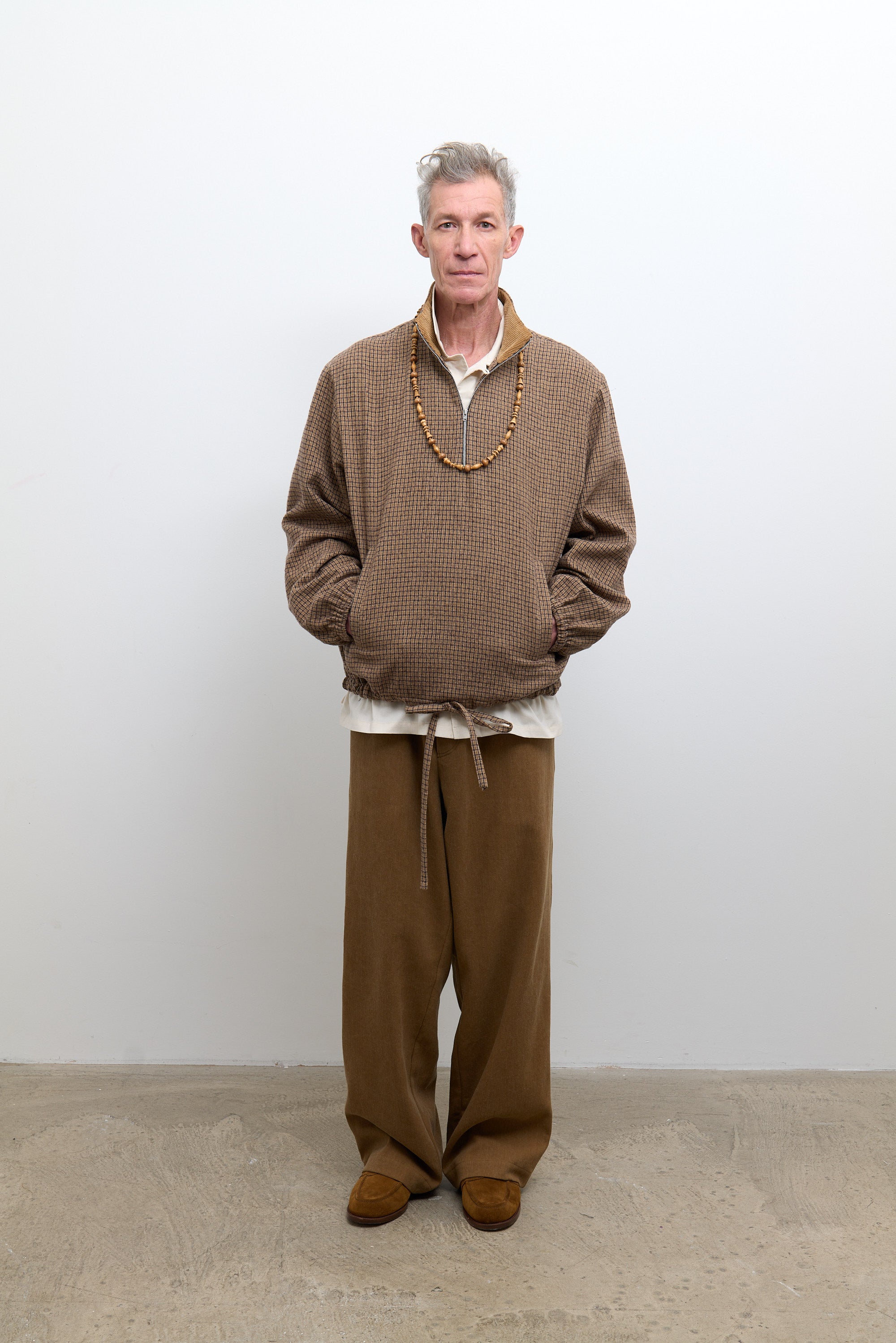Japanese Check Cotton/Wool Mens Miles Pullover Brown Check