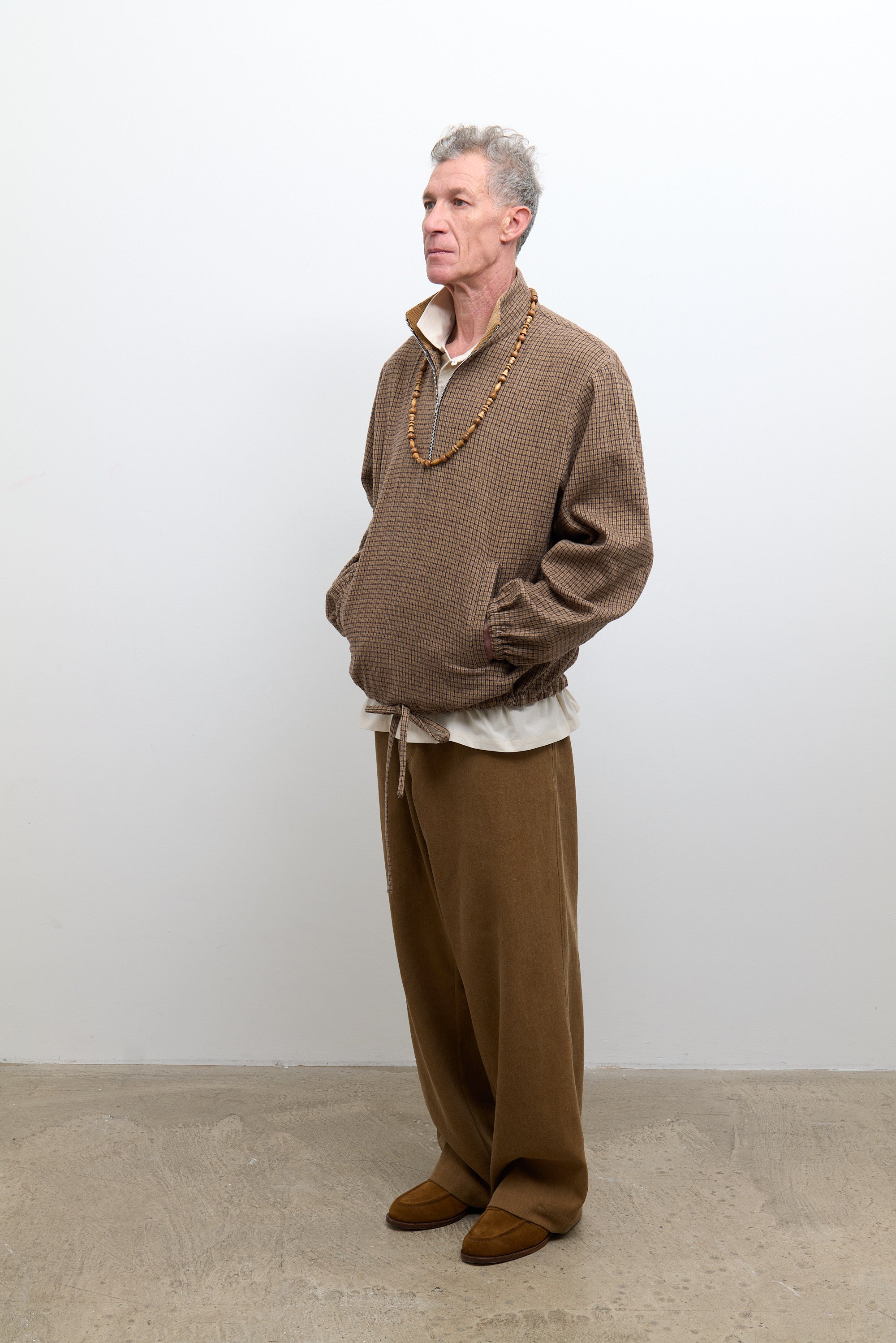 Japanese Check Cotton/Wool Mens Miles Pullover Brown Check