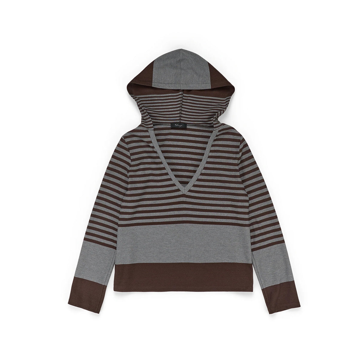 Hooded V-Neck Long Sleeve Cotton Waffle Stripe